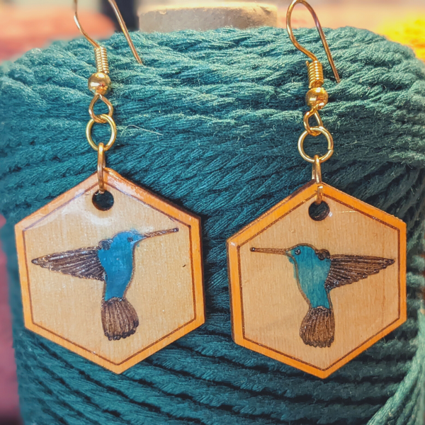 Humming Bird Frame Wood Earrings