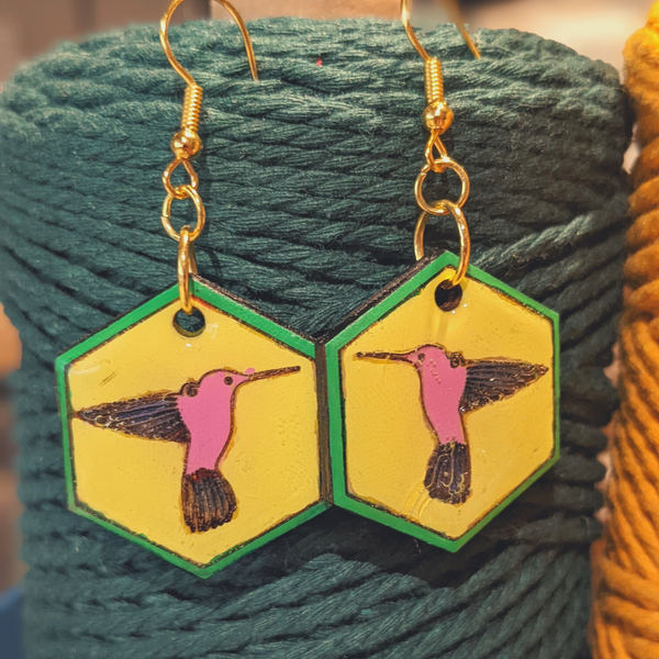 Humming Bird Frame Wood Earrings