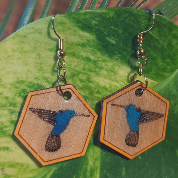 Humming Bird Frame Wood Earrings